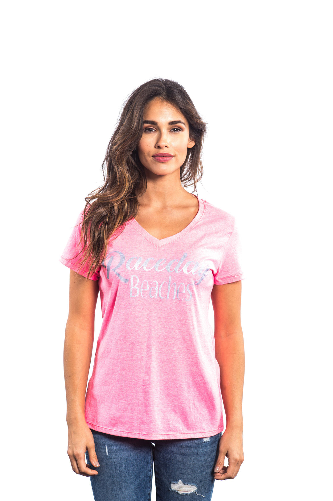 Raceday Beaches V-Neck shirt for women in pink with a soft fabric and stylish design, perfect for casual wear.