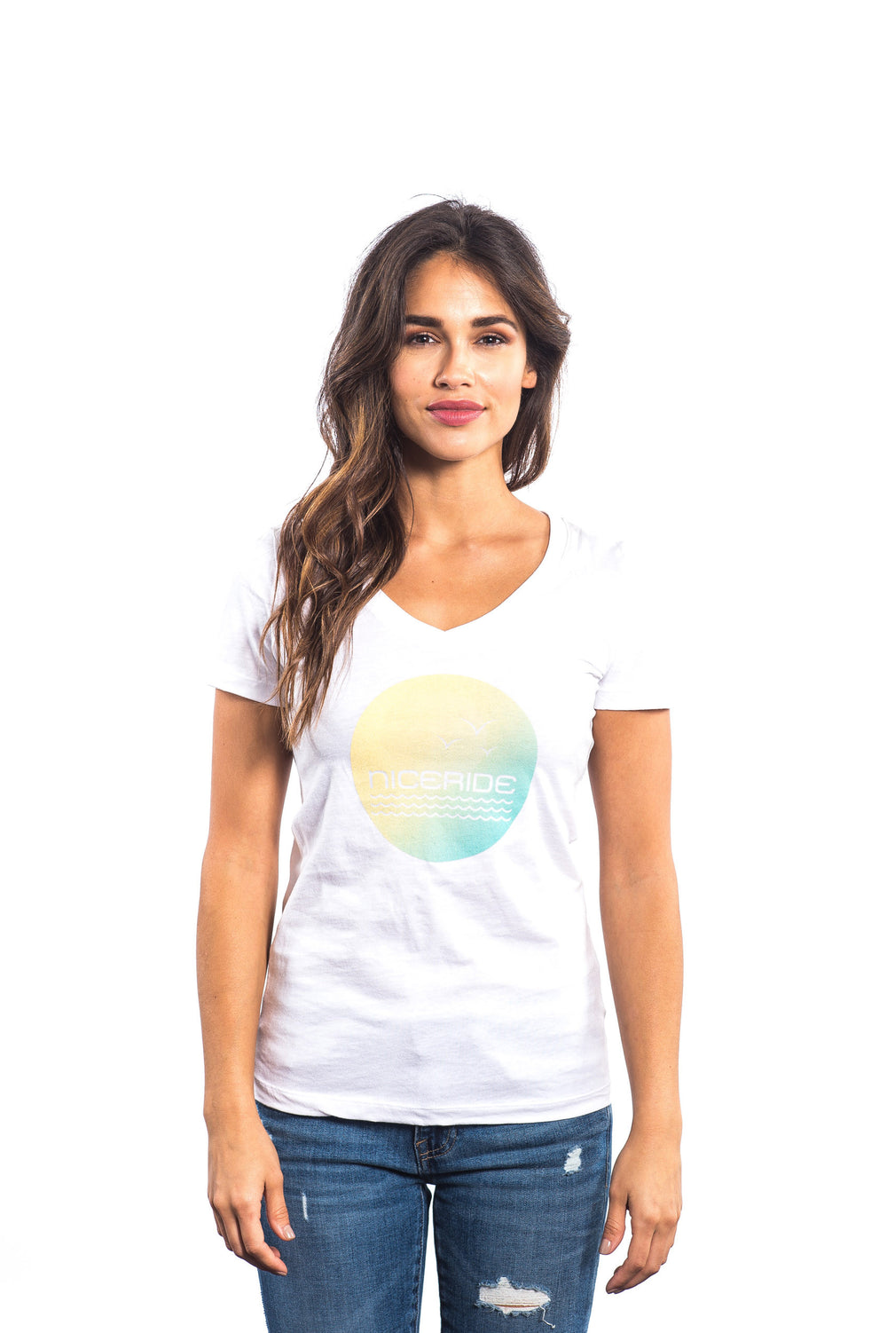White Next Level Women's V-Neck Short Sleeve T-Shirt with NICERIDE design, soft and comfortable shirt.