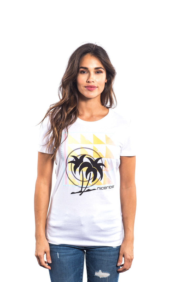 Valley Girl shirt featuring palm design on front, soft fabric, crew neck style, model wearing white t-shirt from NICERIDE.
