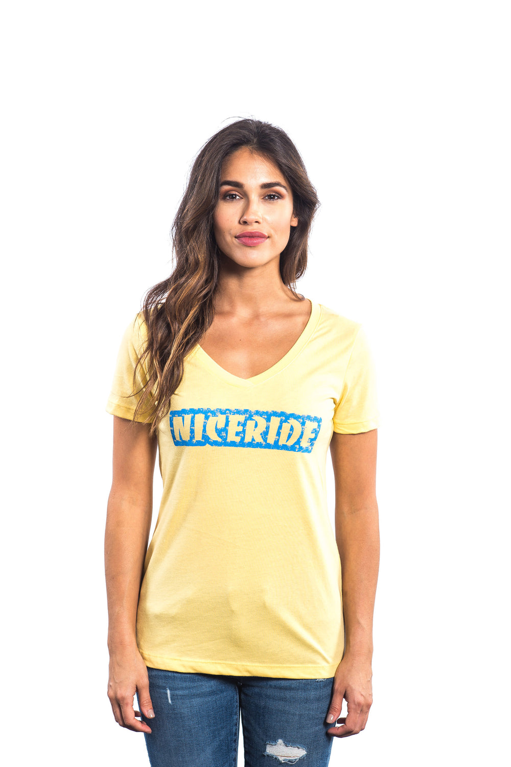 Next Level Women's V-Neck Shirt in yellow with NICERIDE design on the front, offering comfort and style for any occasion.