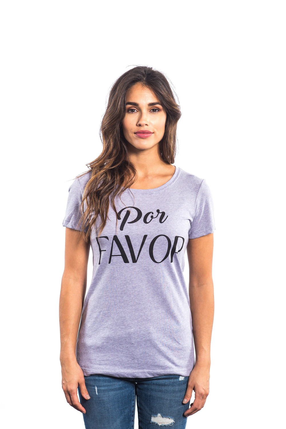 Woman wearing a purple shirt with 'Por Favor' printed on the front, showcasing a comfortable crew neck style.