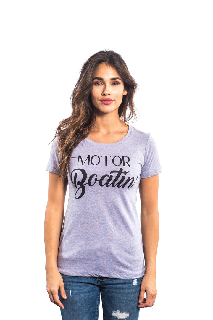 Motor Boatin shirt model wearing gray Next Level women&