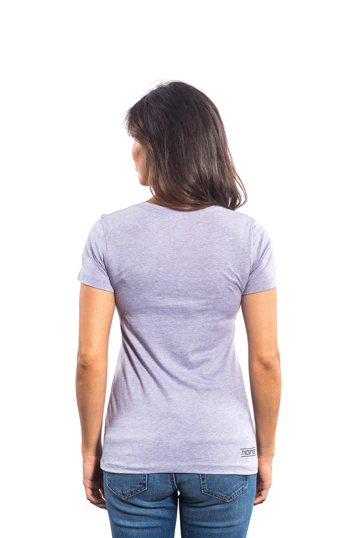 Back view of a woman wearing a Motor Boatin gray crew neck shirt, showcasing the comfortable fit and design.