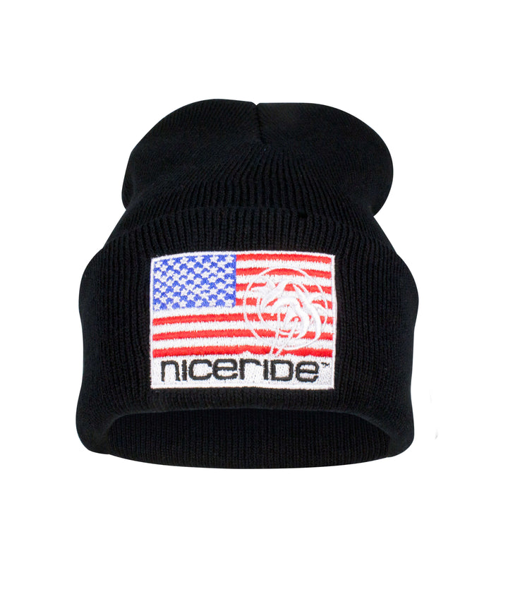 Niceride Pride cuffed beanie featuring an embroidered American flag design on a black background.