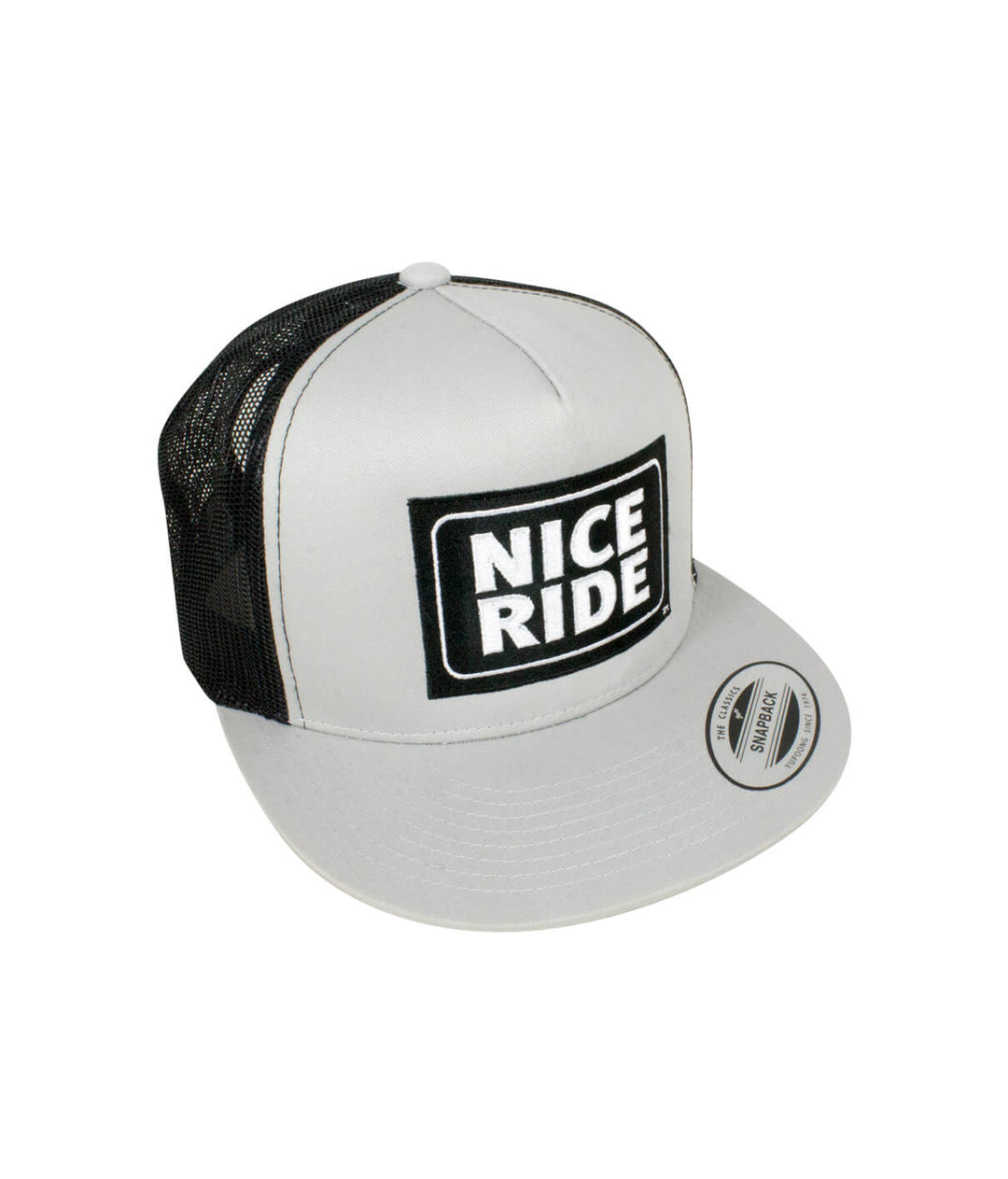 NICERIDE Shield Trucker Hat in gray and black, featuring embroidered logo, perfect stylish hat for casual wear.