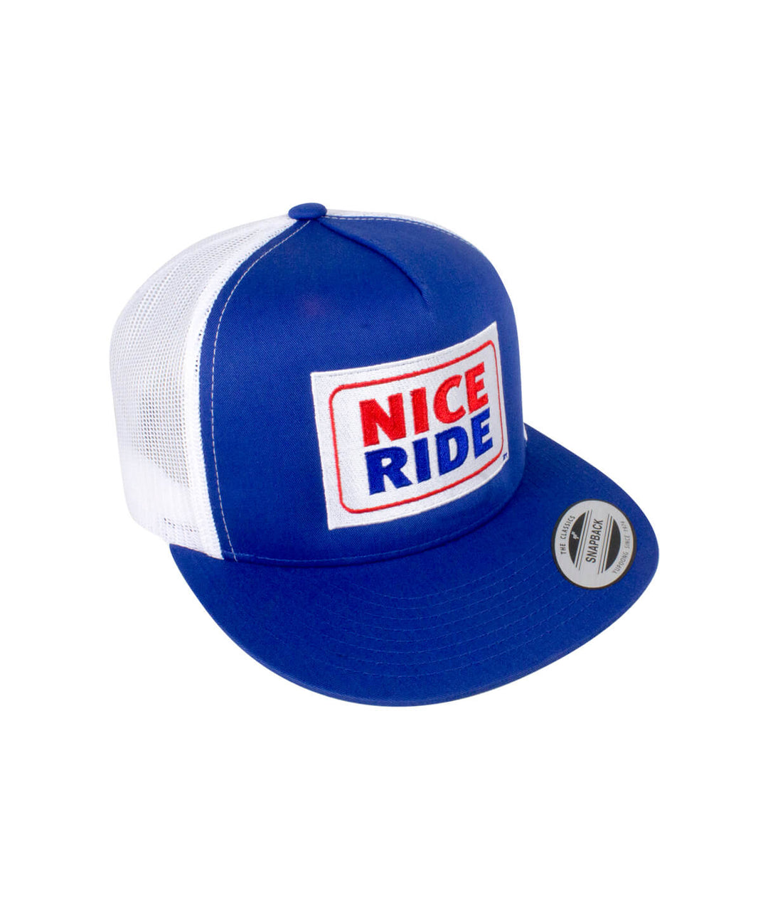 NICE RIDE trucker hat showcasing vibrant blue color and embroidered logo, perfect style accessory for any outdoor activity.