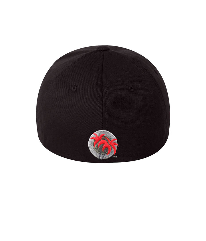 Back view of Hang 20 Classic Flexfit Hat featuring black color and embroidered palm logo.