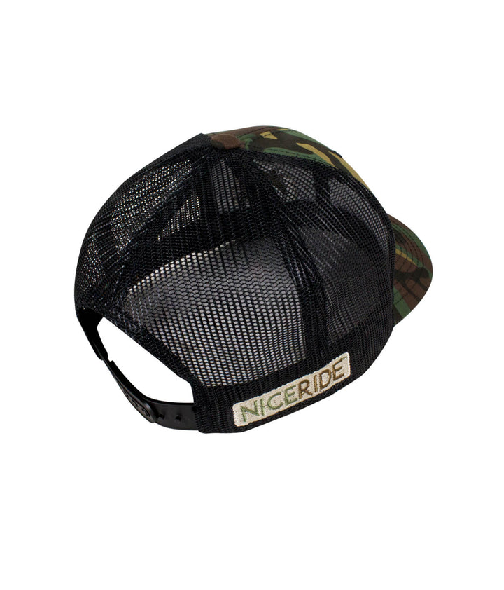 back view of Classic Palm Camo Retro Trucker Hat with NICERIDE logo embroidered.