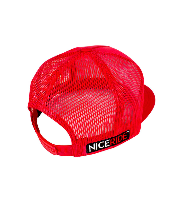 Back view of a red NICERIDE trucker baseball hat with mesh design and adjustable strap.