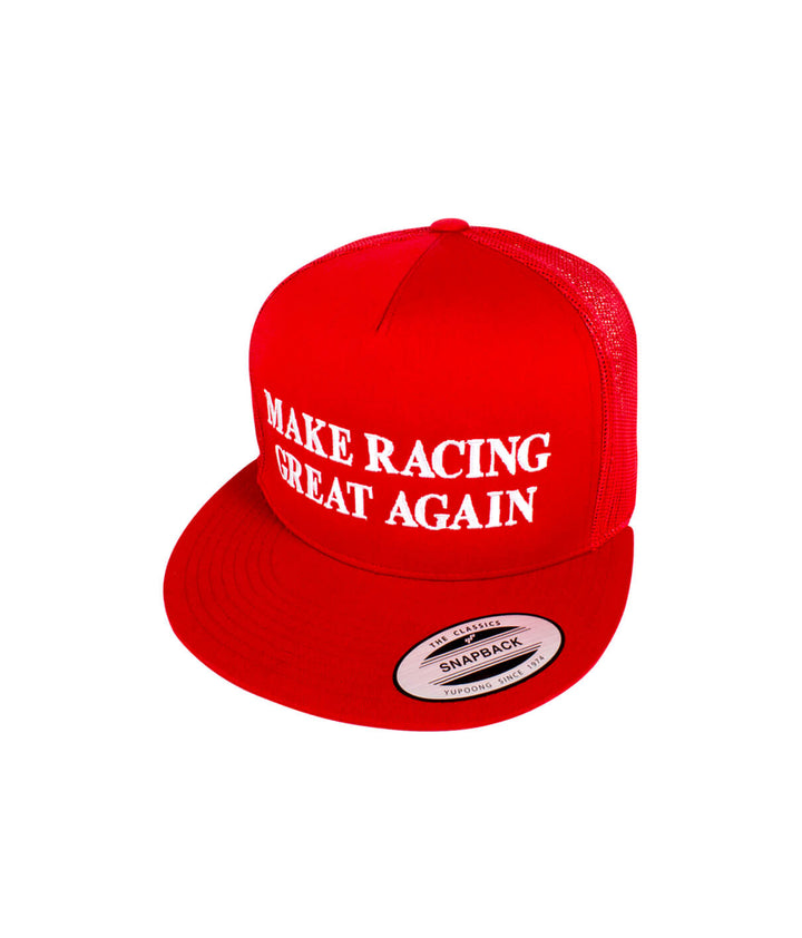 Red trucker baseball hat with "Make Racing Great Again" embroidery on the front.