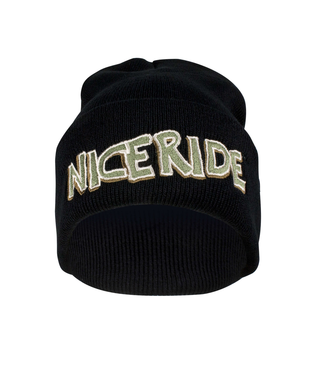 Black cuffed beanie with embroidered "NICERIDE" logo, perfect for stylish warmth.
