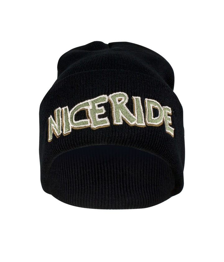Black cuffed beanie with embroidered "NICERIDE" logo, perfect for stylish warmth.