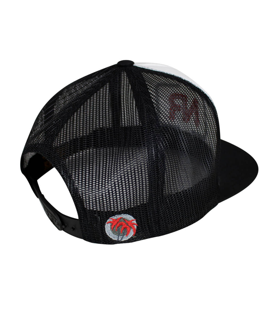 Back view of The Brick Trucker hat featuring mesh design and embroidered palm logo on the side.