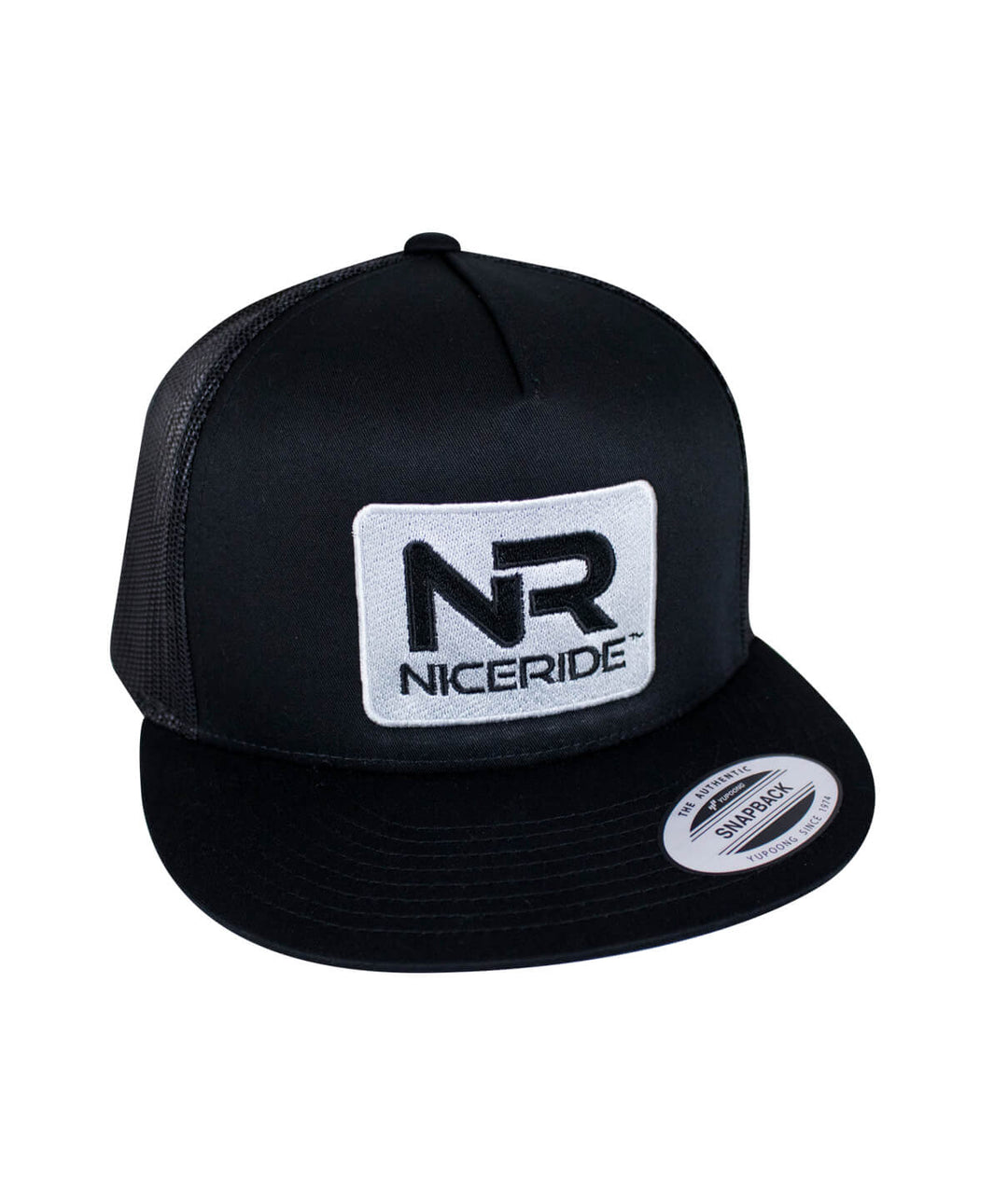 Black NICERIDE Trucker Hat with embroidered NR logo on front, perfect casual hat for everyday wear.