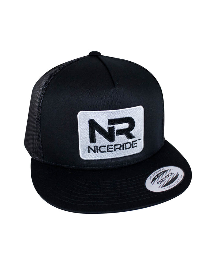 Black NICERIDE Trucker Hat with embroidered NR logo on front, perfect casual hat for everyday wear.