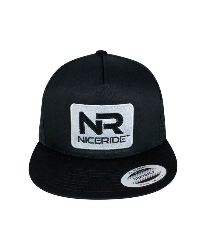 Black NICERIDE snapback hat with embroidered logo on the front. Ideal for casual wear and outdoor activities. Hat.