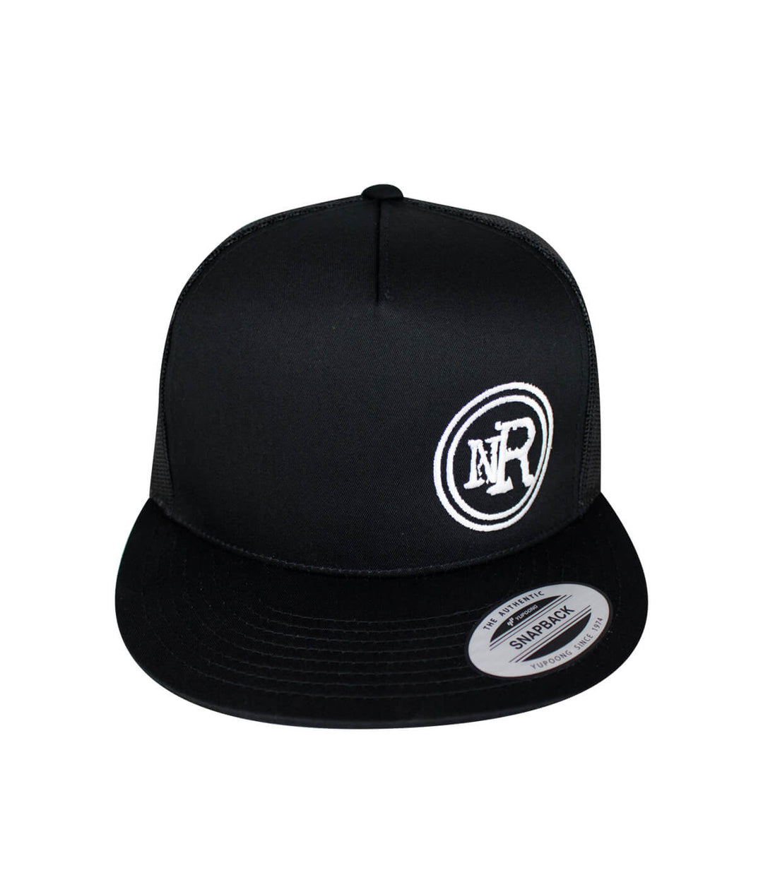 The Spot trucker hat, black snapback cap with NICERIDE logo, stylish baseball hat for everyday wear.
