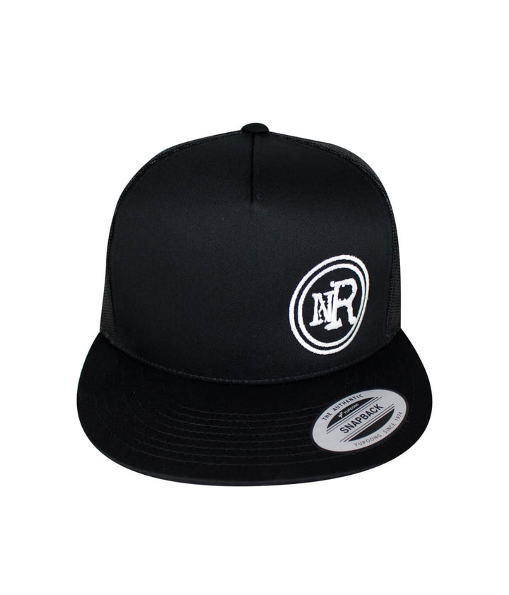 The Spot trucker hat, black snapback cap with NICERIDE logo, stylish baseball hat for everyday wear.