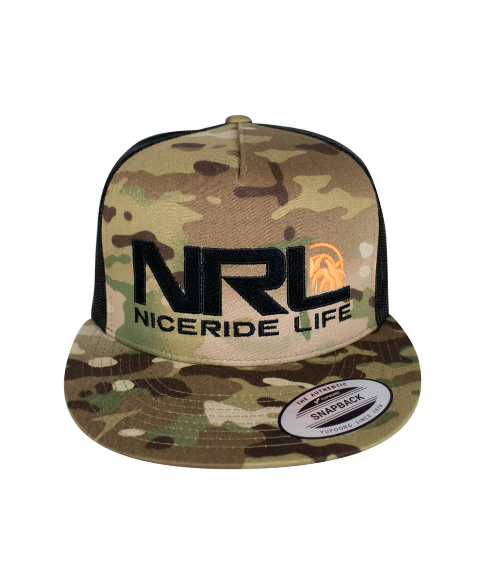 Bulls Eye Trucker Hat featuring NICERIDE logo, classic snapback design, perfect hat for outdoor enthusiasts.