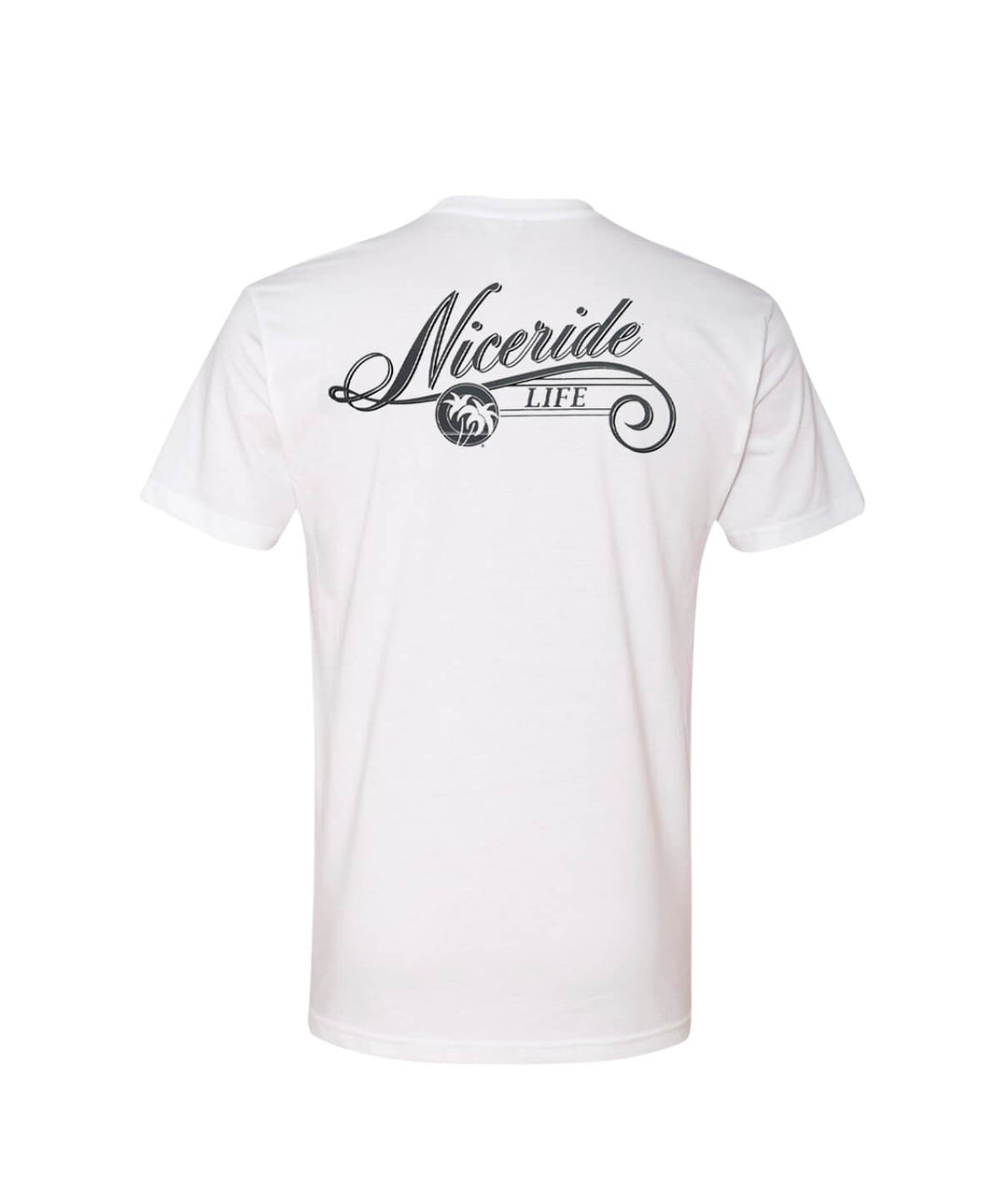 Back view of The Life shirt with NICERIDE logo and palm design on a white fabric.