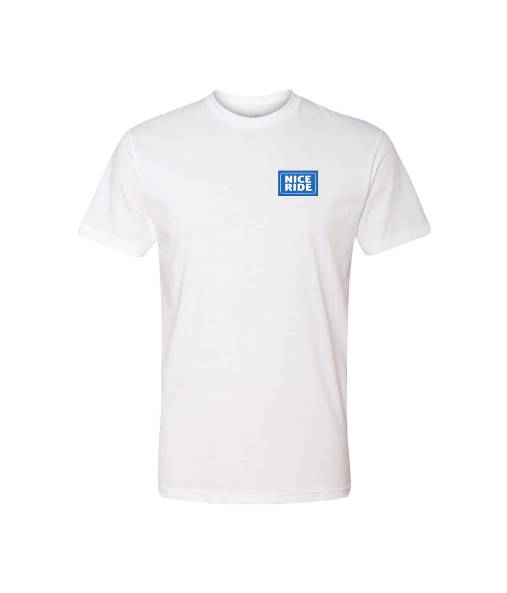 Blue Shield white shirt featuring the NICERIDE design on the front, short sleeves, and premium cotton blend material.