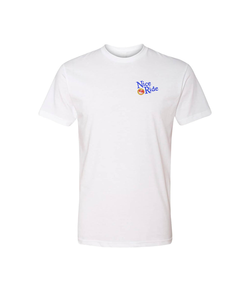 Caliber - Men's White Next Level Cotton Blend Short Sleeve T-Shirt featuring NICERIDE design, perfect for casual wear and outdoor activities.