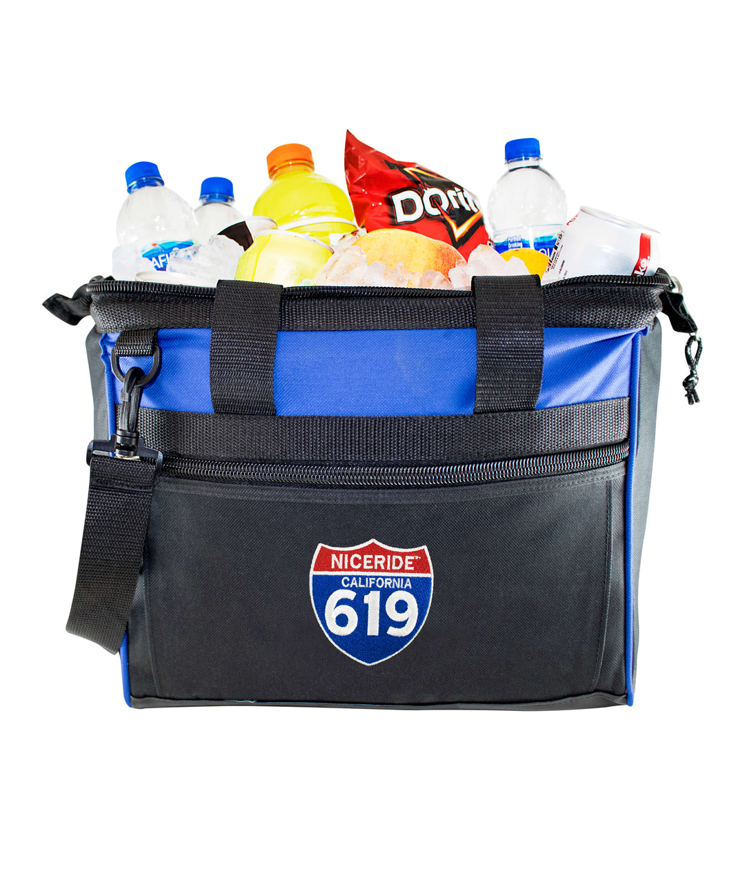 Interstate 619 cooler filled with drinks and snacks, featuring insulated design and logo, perfect for beach or picnic use.