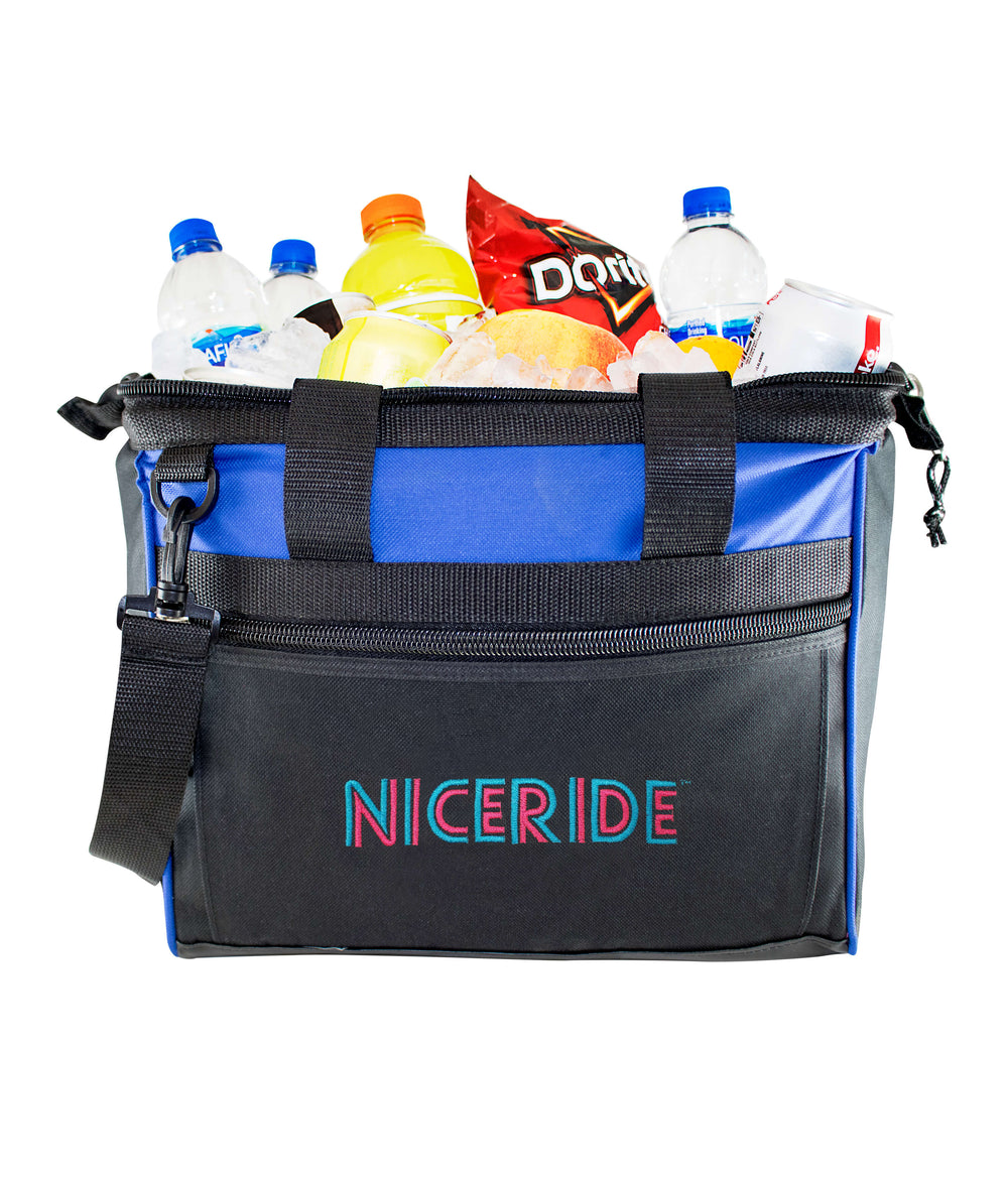Big Mouth Cooler with drinks and snacks inside, featuring insulated design and embroidered logo, perfect for outdoor events.