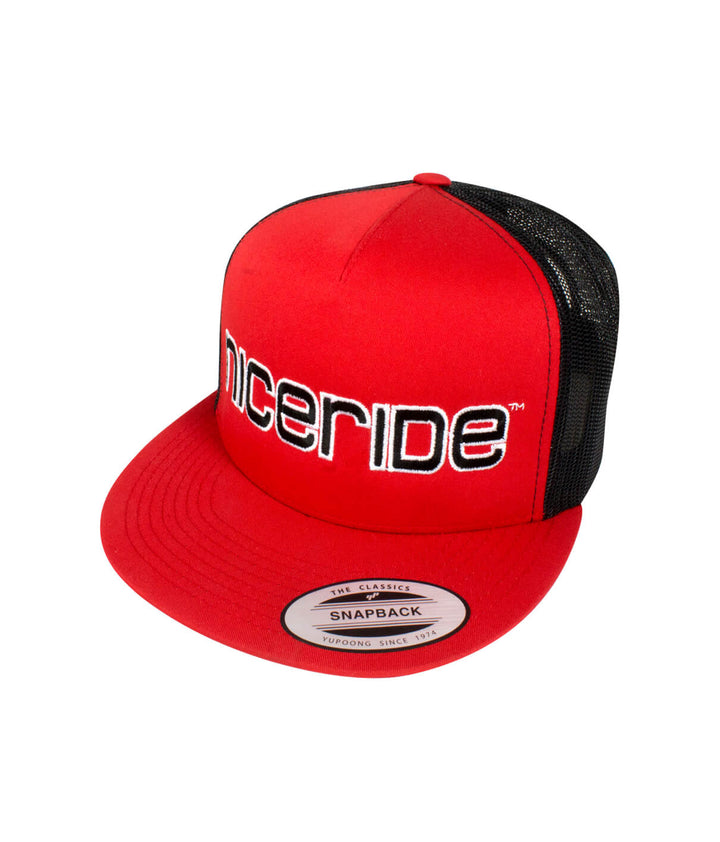 Bold Tower Trucker Hat by NICERIDE featuring red front panel and black mesh back, perfect for stylish looks.