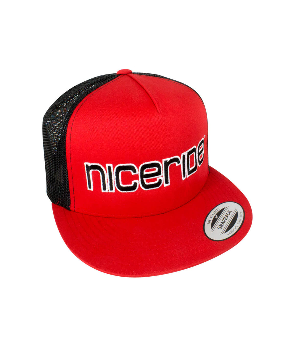 NICERIDE's bold red trucker hat featuring a classic snapback design, perfect for outdoor activities.