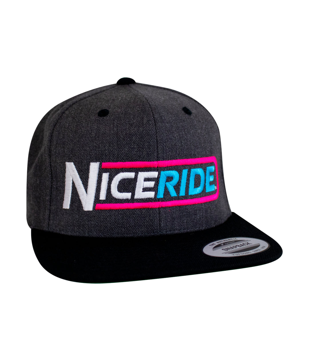 NICERIDE The Tube flatbill snapback hat in gray and black with bold embroidery on the front.