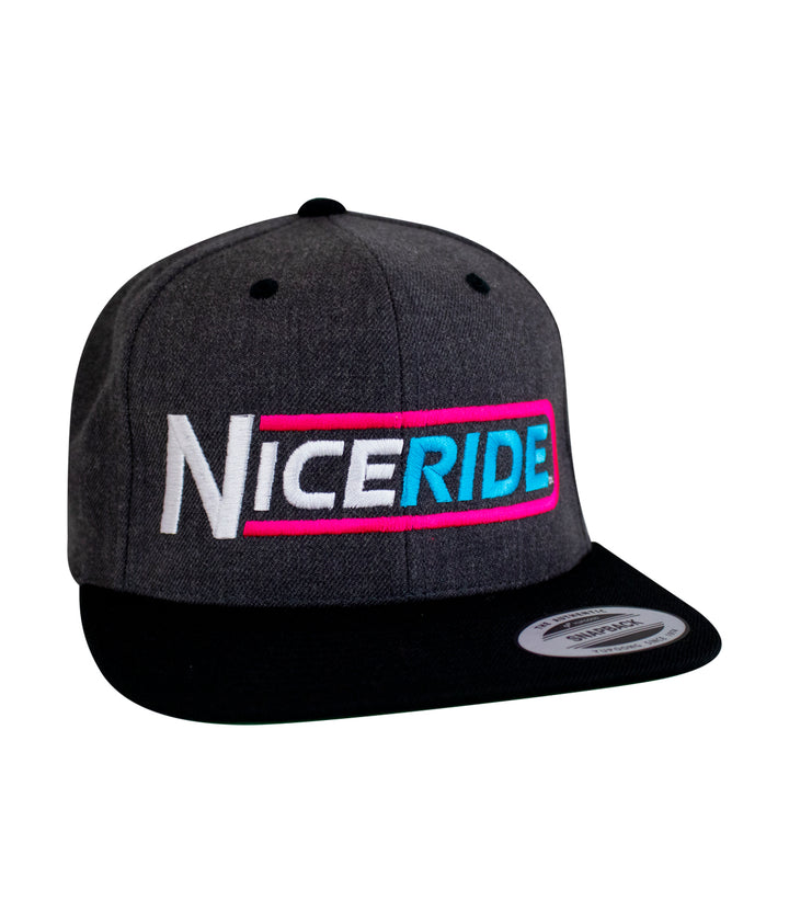 NICERIDE The Tube flatbill snapback hat in gray and black with bold embroidery on the front.