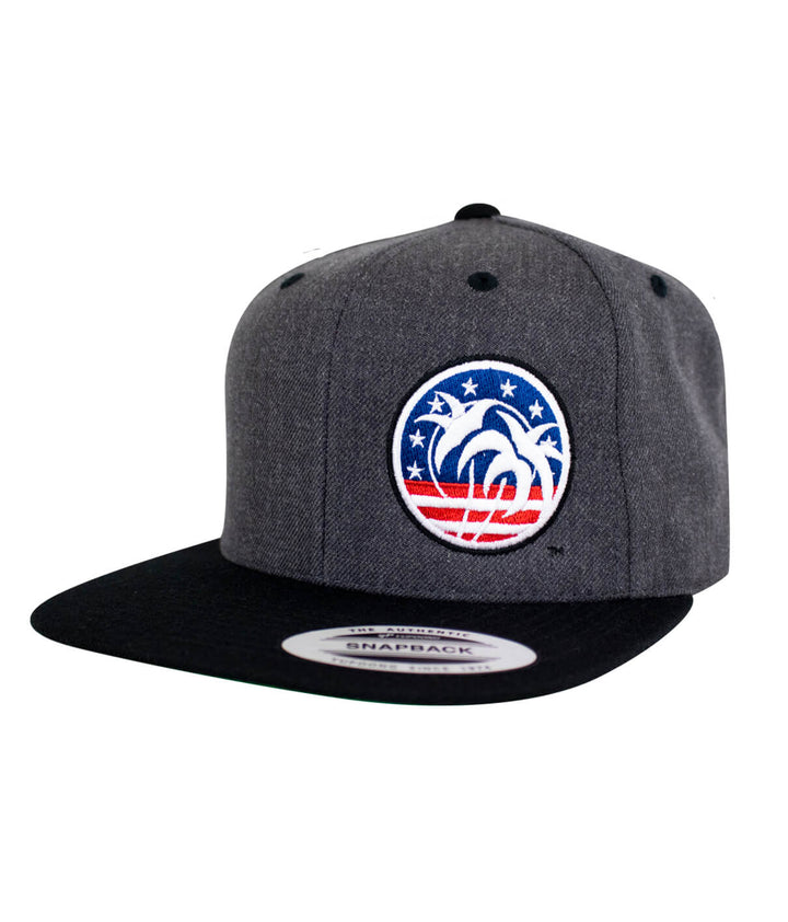 Spirit of 76 Flatbill Snapback Hat with embroidered logo on gray fabric and black visor.
