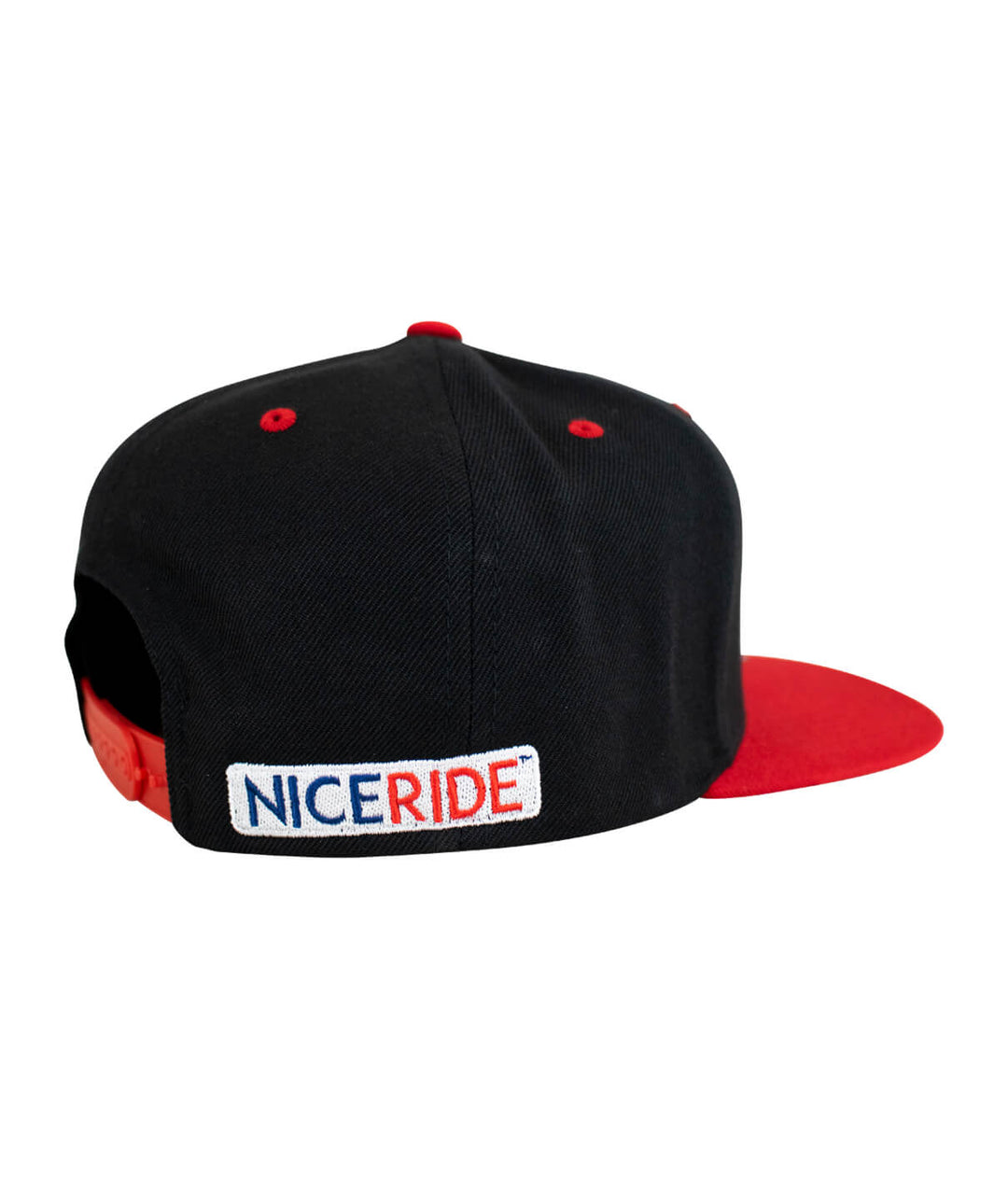 Back view of NICERIDE Spirit of 76 flatbill snapback trucker hat with red and black design.