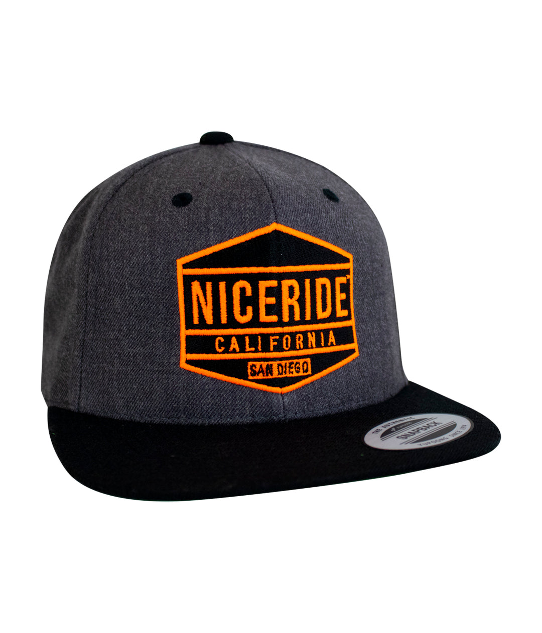 Gray NICERIDE hat with neon orange California logo on the front and black brim.