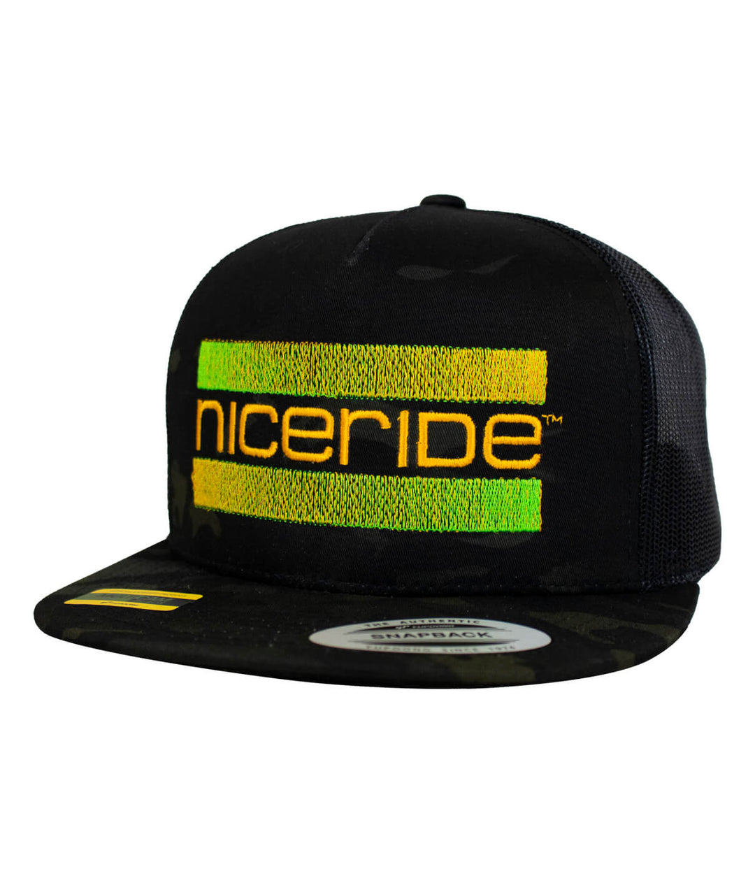 Cali Life trucker hat in black with embroidered NICERIDE logo in gold and monster green, perfect snapback hat.