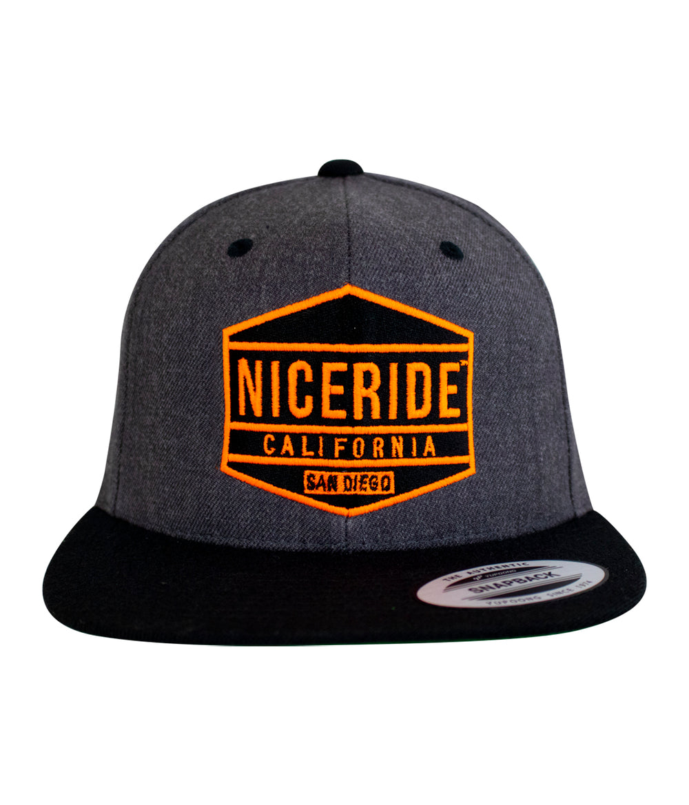 Good Times - Neon snapback hat with NICERIDE logo in orange on grey fabric.