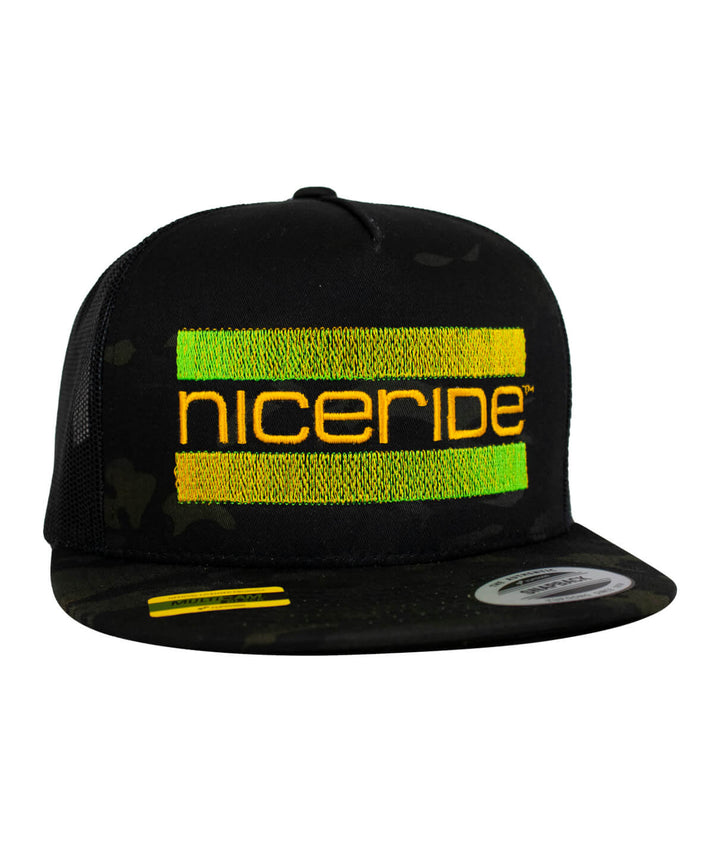 Cali Life trucker hat designed by NICERIDE featuring gold and monster green embroidery on a camo base.
