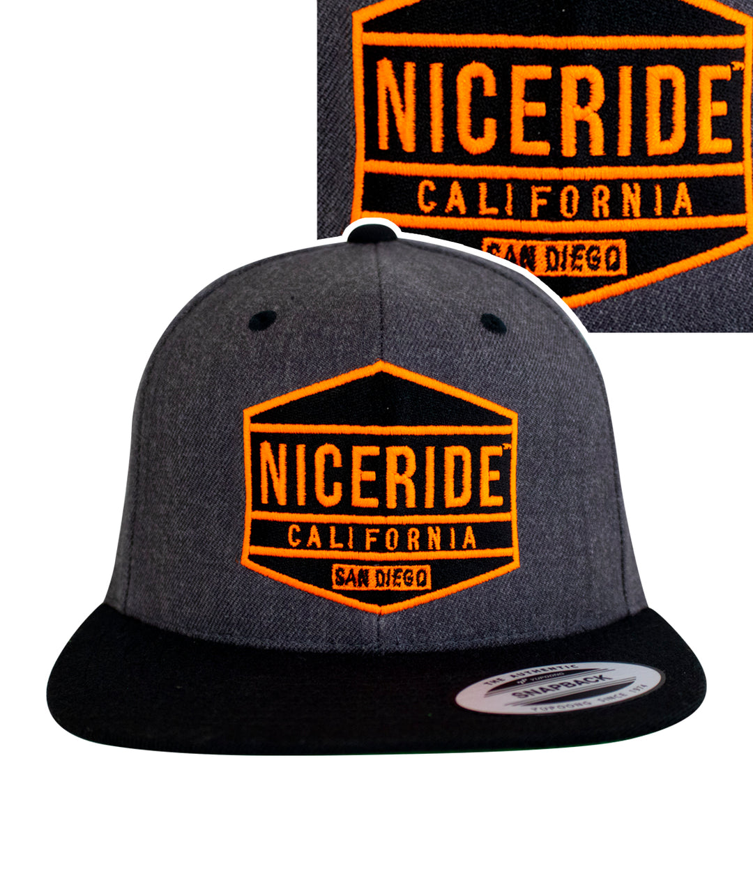 NICERIDE California snapback hat with orange embroidered logo on gray front.