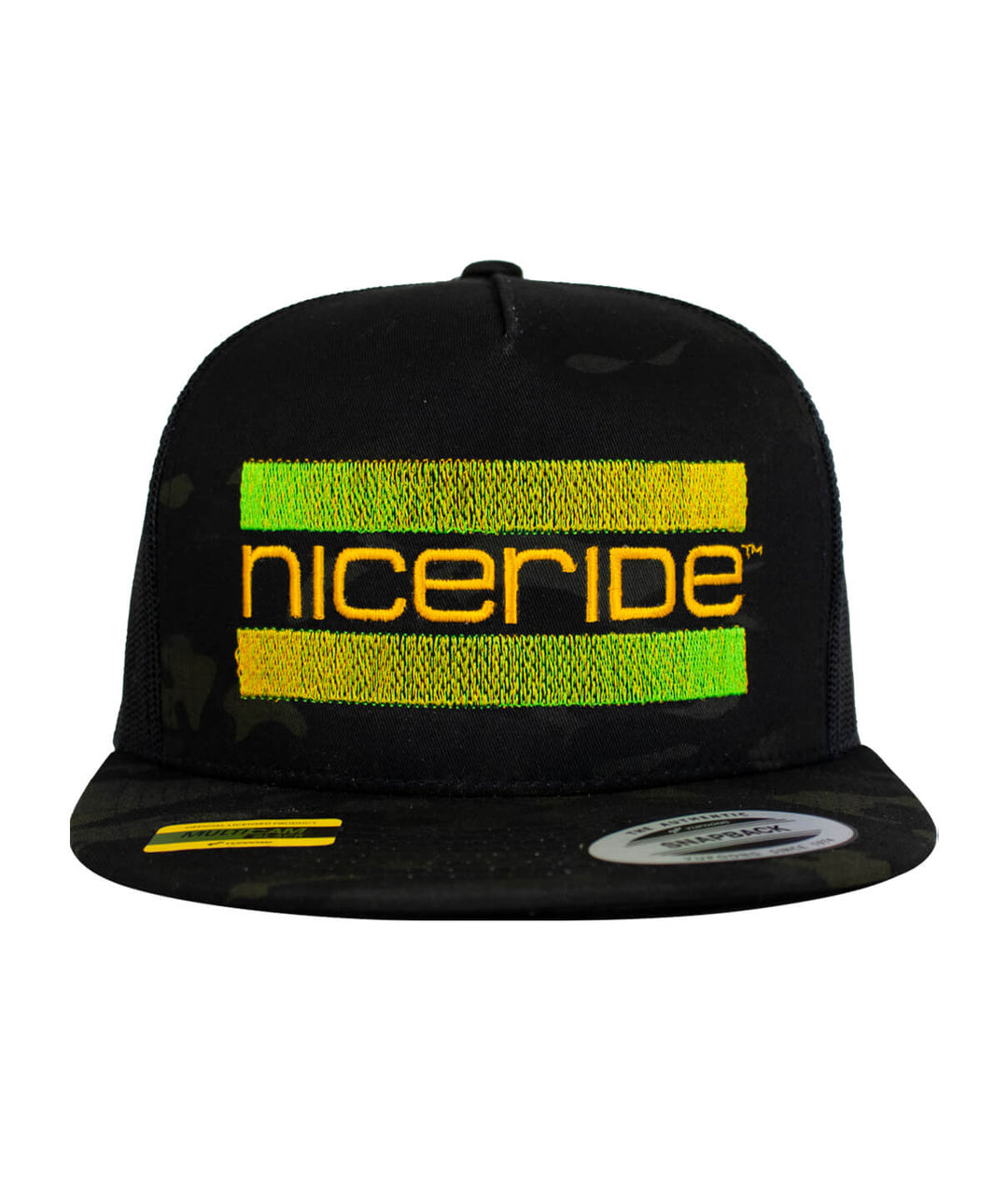 Cali Life trucker hat by NICERIDE, featuring embroidered design in gold and monster green, front view.
