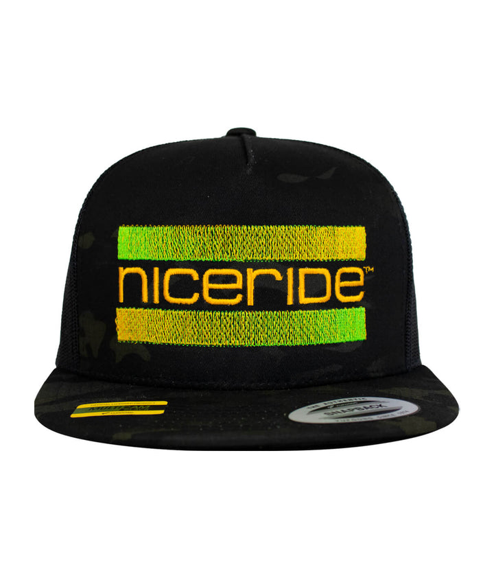 Cali Life trucker hat by NICERIDE, featuring embroidered design in gold and monster green, front view.