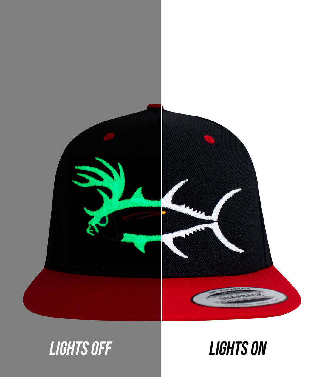 "Buck-Eye" Evening Glow hat showcasing glow-in-the-dark design on black cap with red visor, lights off and on.