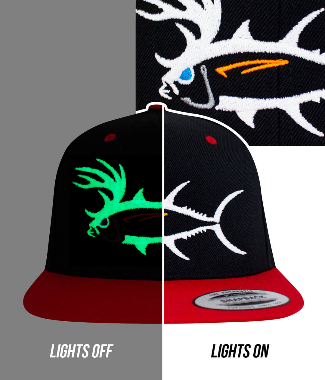 "Buck-Eye" Evening Glow hat showing design with lights off and on, featuring fish motif, a unisex flatbill snapback for various activities.