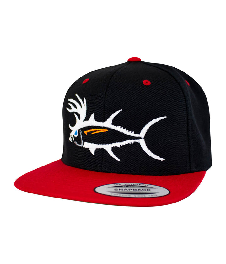Buck-Eye Evening Glow unisex flatbill snapback hat featuring a fish design and red accents.