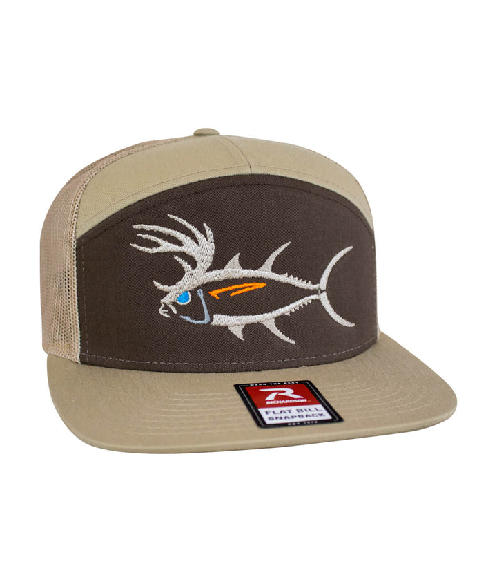 BUCK- EYE Explorer 7 Panel Trucker Hat for Men And Women with an embroidered fish design on the front.