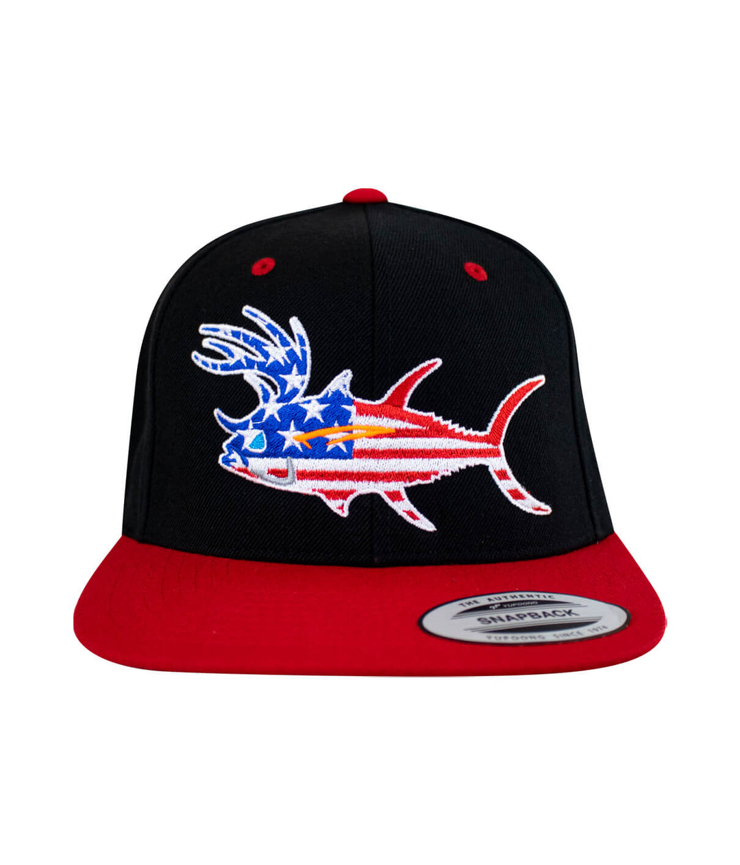 "Buck-Eye Glory" Unisex Flatbill Snapback Hat featuring an embroidered fish design in red, white, and blue colors.