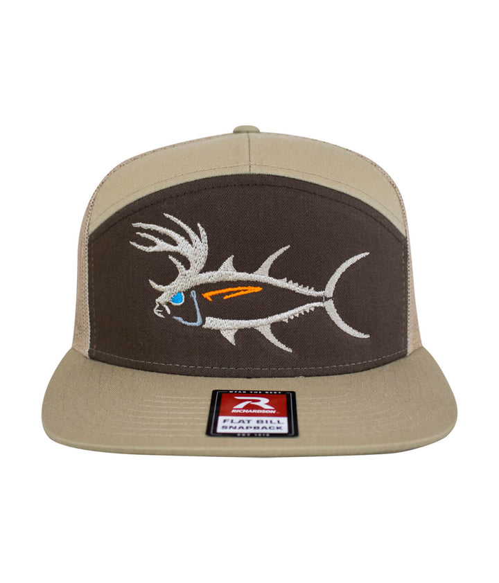 Brown and tan flat bill cap featuring an embroidered fish design, perfect for outdoor enthusiasts.