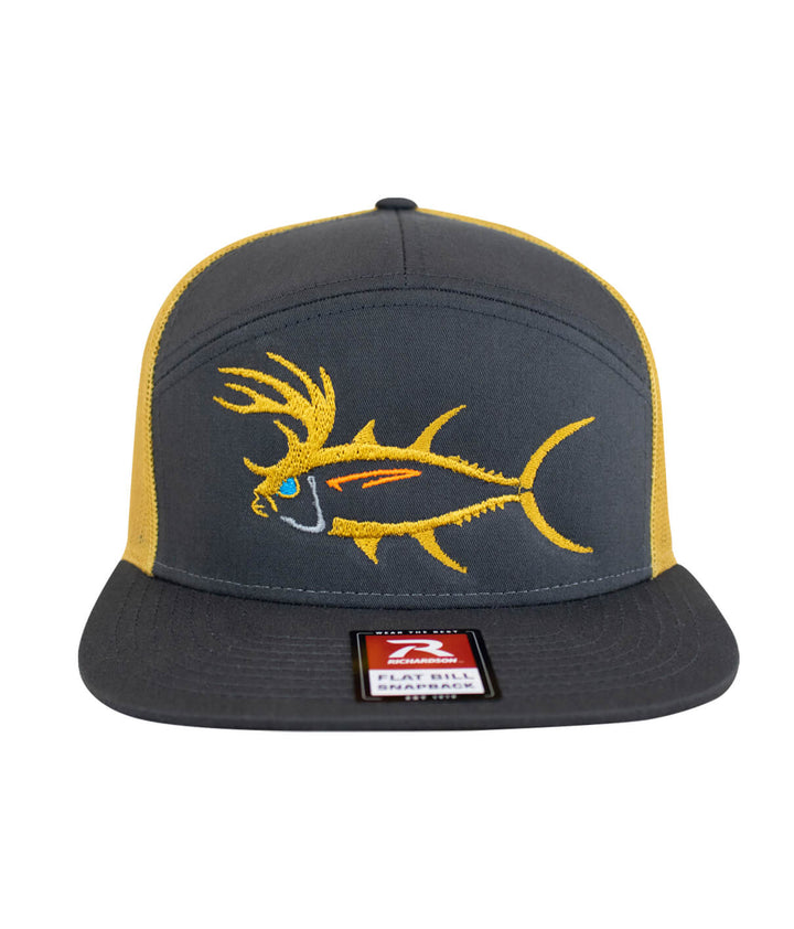 BUCK- EYE hat with a fish design on the flat bill, featuring gray fabric and yellow mesh sides.