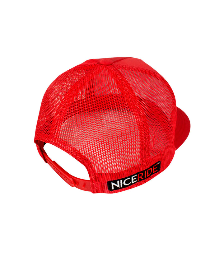 Back view of a red Make Music Great Again hat, a classic meshback trucker hat by NICERIDE.