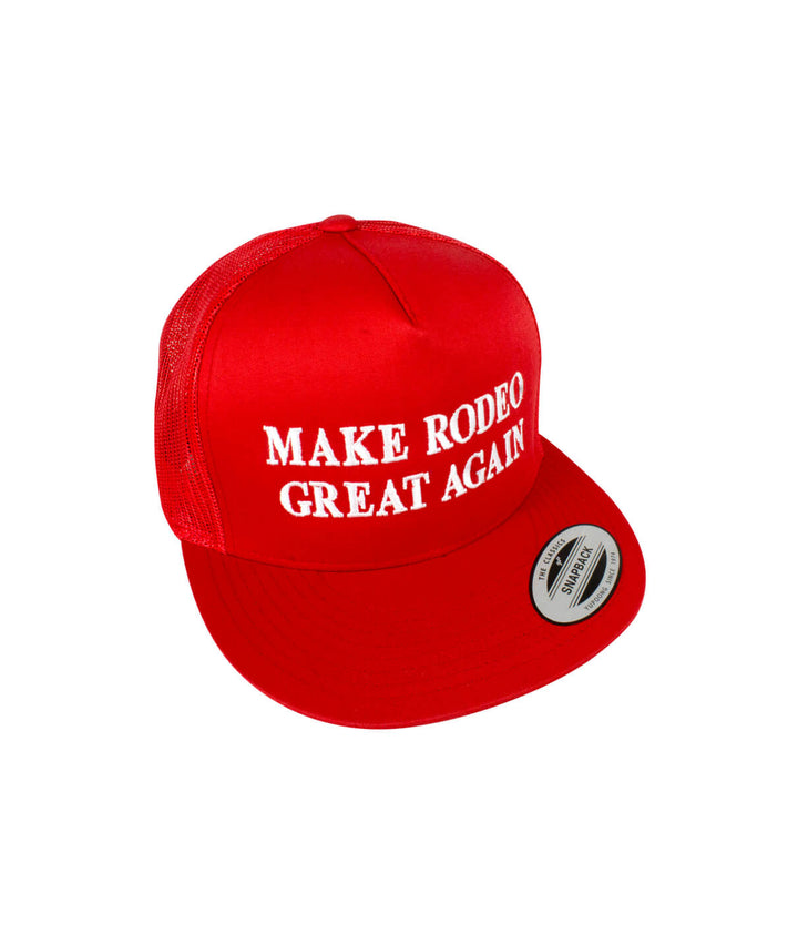 Make Rodeo Great Again trucker hat showcasing classic red design and embroidered text.